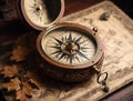 Generative Ai, Old fashioned wooden compass, on a wooden table and map paper Royalty Free Stock Photo