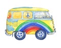 Old-fashioned yellow hippie ÃÂamper bus, painted in rainbow colors with clouds and flowers.