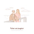 Old father and adult daughter spend time together, young woman and retired man, happy family relationship banner