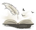 Old feather paint with flying birds and open book Royalty Free Stock Photo