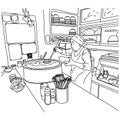 Old female chef making ramen noodles in in Japanese restaurant vector illustration sketch doodle hand drawn with black lines