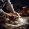 old female hands knead the dough for baking bread. Generative AI