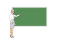 Old female teacher on lesson at blackboard in classroom. Teacher with pointer, teacher showing on board. Royalty Free Stock Photo