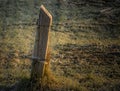 Old fence post with barbed wire in a field during the day Royalty Free Stock Photo