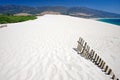 Old fence sticking out of deserted sandy beach dunes Royalty Free Stock Photo