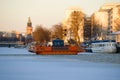 Old ferry `Fiori` on the river Aura in the February twilight, Turku. Finland