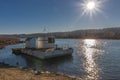 Old ferry on the Oka river. Kaluga region. Russia Royalty Free Stock Photo