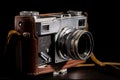 Old film camera in vintage brown leather case. Antique photography camera with lens, lenses and aperture on black Royalty Free Stock Photo