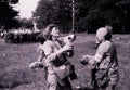 An old film photo of the training of sanitary squads in 1989 to provide first aid and evacuation from the lesion in the village of