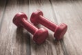 An old and filthy pair of rubber dumbbells lying idle on the bedroom floor. Forgotten and unused weight training equipment