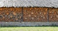 Old firewood shed and a lot of chopped logs Royalty Free Stock Photo