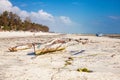 Old fisher boats on the beach during low tide on ocean Royalty Free Stock Photo