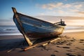 Old Fisherman Boat Isolated on a Sandy Beach at Early Morning. Generative Ai Royalty Free Stock Photo