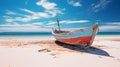 Old Fisherman Boat Isolated on a Sandy Beach, Under a Clear Sunny Sky. Generative Ai. Royalty Free Stock Photo