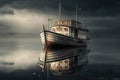 Aged Fisherman Boat in with Reflection in wintertime, calm sea with ice, AI Generative