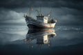 Aged Fisherman Boat in with Reflection in wintertime, calm sea with ice, AI Generative