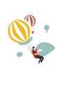 Old fisherman with fish on a hot air balloon