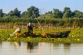 Old fisherman gathering nets in Danube Delta Romania. Traditional fishing .