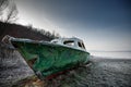 Old fishing boat on the beach of the river Royalty Free Stock Photo