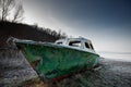 Old fishing boat on the beach of the river Royalty Free Stock Photo