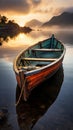 Old fishing boat floating on water in the morning