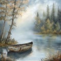 Old fishing boat in lake at fog Royalty Free Stock Photo