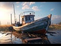 Old fishing boat sailing on the polluted sea