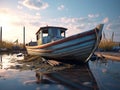 Old fishing boat sailing on the polluted sea