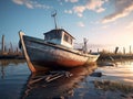 Old fishing boat sailing on the polluted sea