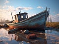 Old fishing boat sailing on the polluted sea