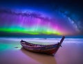 Old fishing boat on a sandy beach in a tropical sea with a night sky full of stars and aurora lights Royalty Free Stock Photo