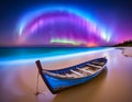 Old fishing boat on a sandy beach in a tropical sea with a night sky full of stars and aurora lights Royalty Free Stock Photo