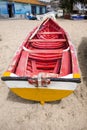 Old fishing boat on the shore. Boat with nets waiting for fishermen on the beach of Cape Verde