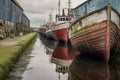 old fishing boats lined up along the dockyards edge