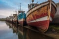 old fishing boats lined up along the dockyards edge