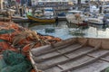 Old fishing boats in the marina on a cloudy day. romantic business. Close-up Royalty Free Stock Photo