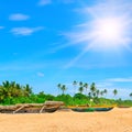 Old fishing boats on a sandy beach, palm trees and sky. Sri Lanka Royalty Free Stock Photo