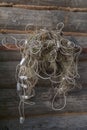 An old fishing net with floats hanging on a log wall. Close up. Royalty Free Stock Photo