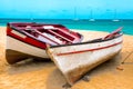 Old fishing boats on the beach. Colorful boats on the beach of Cape Verde Royalty Free Stock Photo