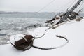 Old fishing ship in disrepair sank at the pier Royalty Free Stock Photo