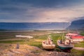 Old fishing ships standing ashore at , West Fjords, Iceland Royalty Free Stock Photo