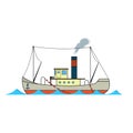 Old fishing steamboat in cartoon style on white background