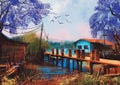 Old fishing village,oil painting style