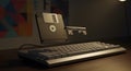 Old Floppy Disk and Keyboard on Desk in Dim Lighting Royalty Free Stock Photo