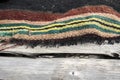 Old folk rug on a wooden background, copy space Royalty Free Stock Photo