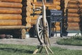 Old folk wooden vintage peasant spinning wheel