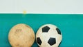 Old footballs with cement wall Royalty Free Stock Photo