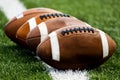 Old Footballs on a football field Royalty Free Stock Photo