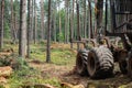 Old forest machine that clears trees in green summer forest standing near cut wood logs surrounded by growing tree trunks Royalty Free Stock Photo