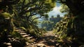 Old forest road path surrounded by trees and plants with stones overgrown Royalty Free Stock Photo